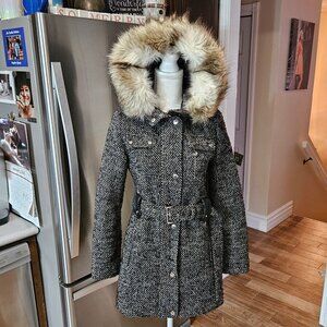 Women's Laundry By Design Wool Blend Zip Snap Tie Faux Fur Hooded Midi Coat S